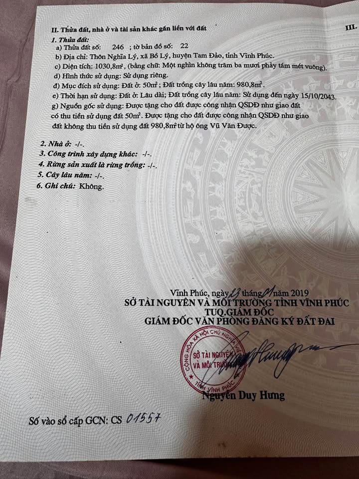 Đất thổ cư 1030m² tại Bồ Lý, Tam Đảo - Chỉ 1.8 tỷ, đường thông thoáng!