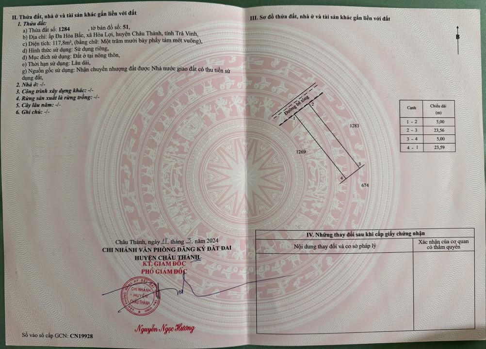 Đất thổ cư 120m² mặt tiền đường bê tông tại Hoà Lợi - Giá chỉ 240 triệu