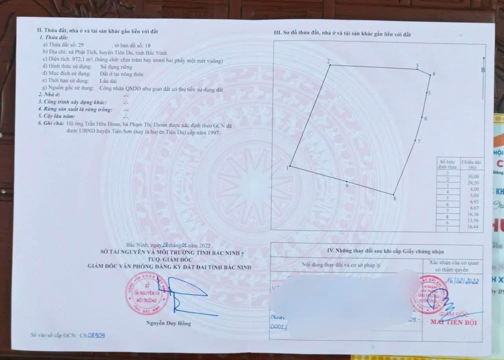 Lô đất thổ cư 972m² Phật Tích - Tiên Du, Bắc Ninh giá 7.29 tỷ - Cơ hội đầu tư tiềm năng!