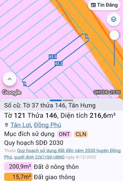 Đất thổ cư 215m² Tân Hưng Đồng Phú chỉ 200 triệu - Sổ hồng chính chủ!