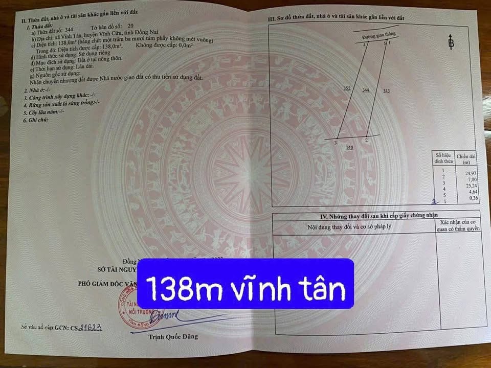 Đất Vĩnh Tân Trảng Bom 138m² giá 590 triệu - Sổ đỏ thổ cư 100%