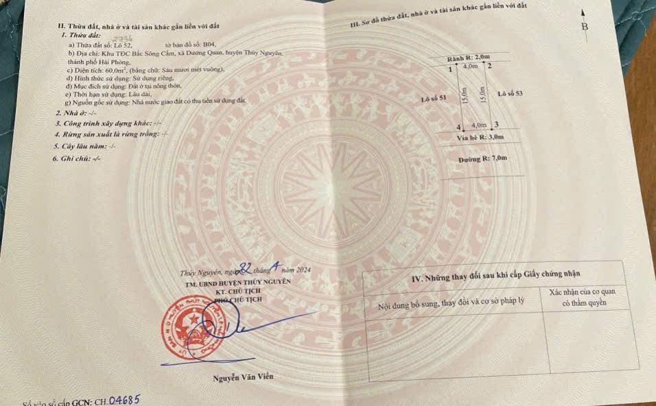 Đất nền Khu Tái Định Cư B - Dương Quan - Thủy Nguyên 60m² giá 4 tỷ - Cơ hội đầu tư hấp dẫn!