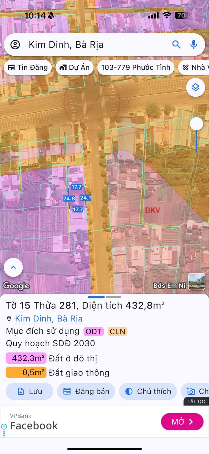 Đất mặt tiền đường nhựa Kim Dinh Bà Rịa 424m² giá 16.8 tỷ - Cơ hội đầu tư tuyệt vời!