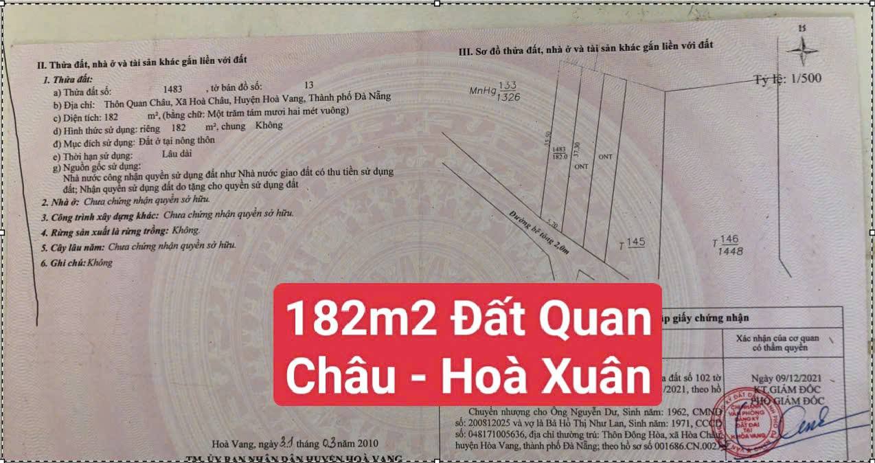 Bán đất Hòa Xuân, Cẩm Lệ, Đà Nẵng 182m² giá 2.05 tỷ - Ô tô vào tận nhà!