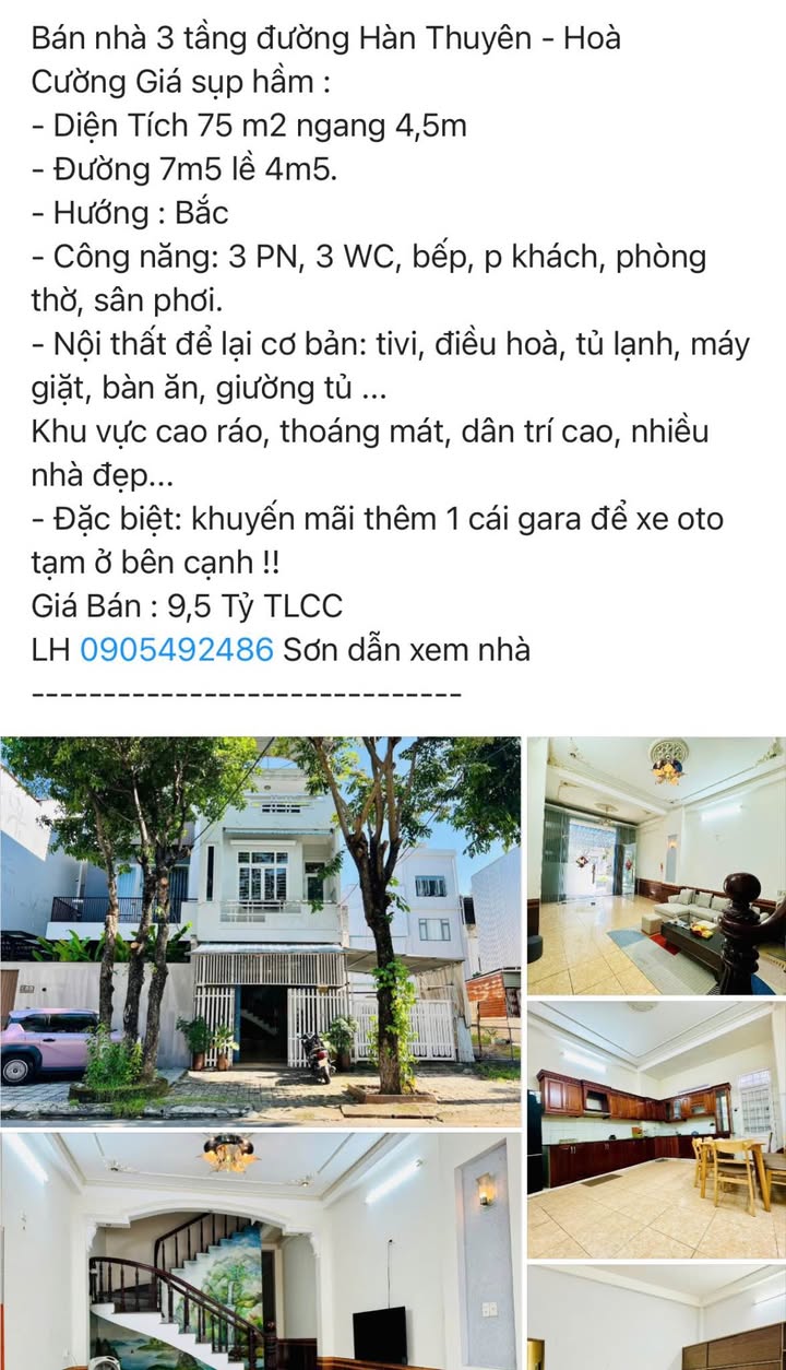 Nhà 3 tầng đường Hàn Thuyên, Hải Châu 75m² giá 9.5 tỷ - Dân trí cao, nhiều tiện ích!