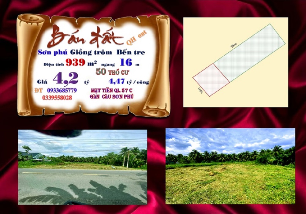 Đất nền Sơn Phú, Giồng Trôm, Bến Tre 939m² giá 4.2 tỷ - Đầu tư sinh lời cao!