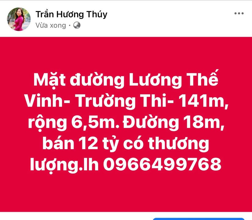 Bán gấp FrontHouse mặt đường Lương Thế Vinh, 141m² giá 12 tỷ - Thương lượng ngay!