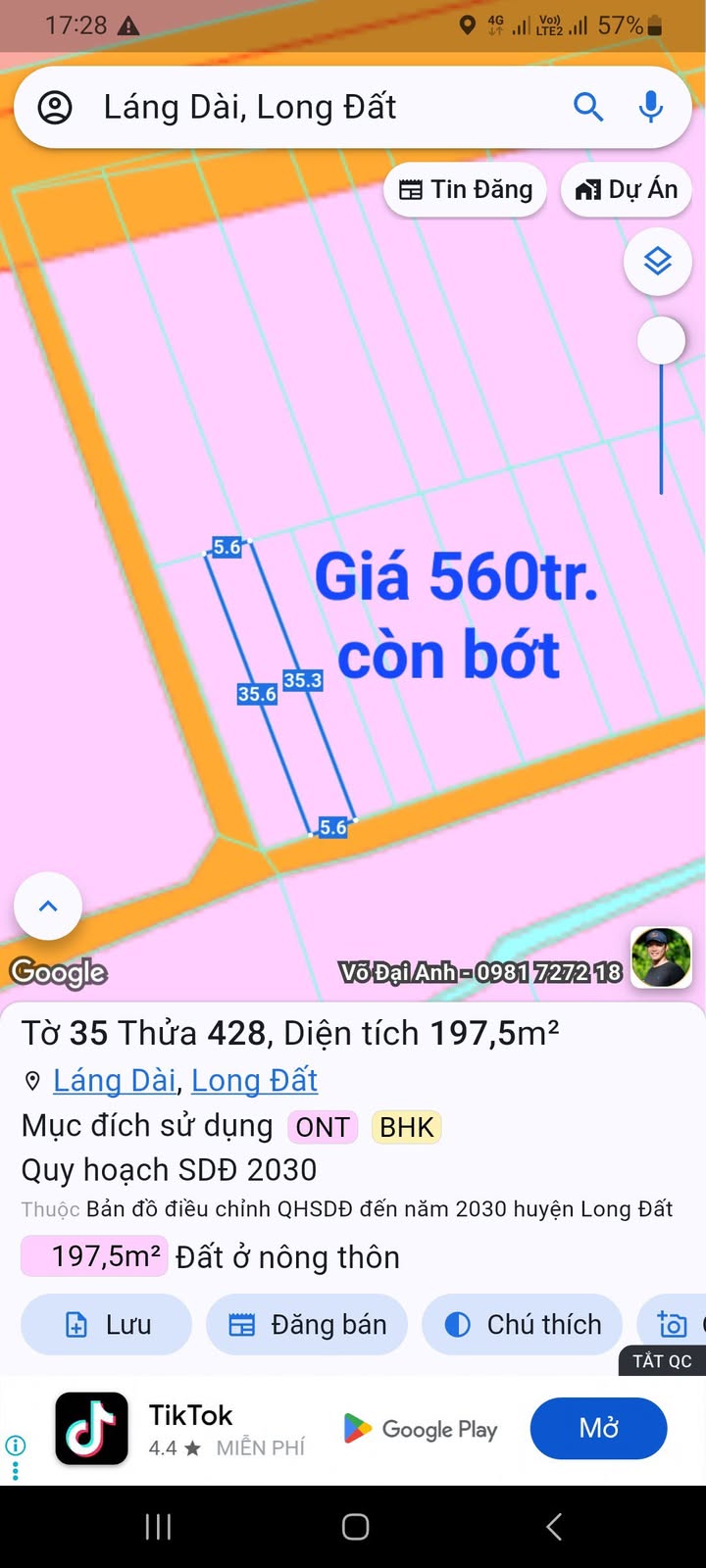 Đất nền Láng Dài, Đất Đỏ 196m² giá 560 triệu - Đầu tư tiềm năng khu sân bay!