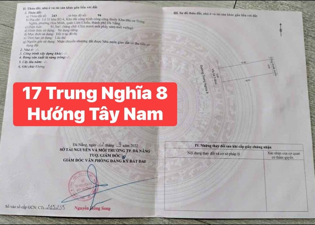 Đất mặt tiền Trung Nghĩa 8, Liên Chiểu, Đà Nẵng 91.5m² giá 5.75 tỷ - Sổ hồng chính chủ!
