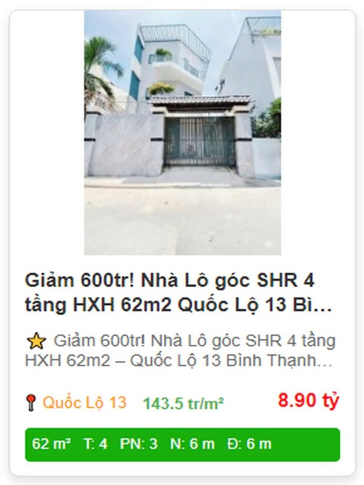 Nhà lô góc 4 tầng Quốc Lộ 13, Bình Thạnh 62m² - Giảm ngay 600 triệu!