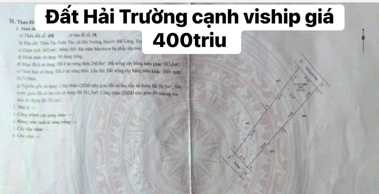 Đất 2 mặt tiền Hải Trường, Hải Lăng 643m² giá 400 triệu - Đầu tư sinh lời bền vững!