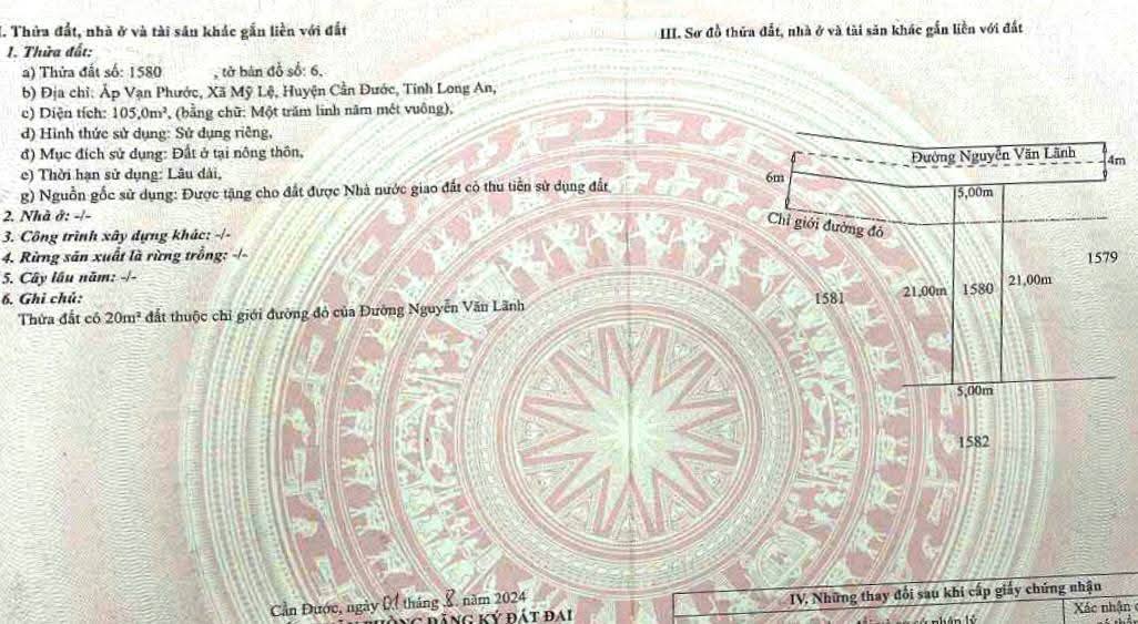 Bán đất thổ cư 105m² tại Mỹ Lệ, Cần Đước - Sổ hồng riêng, giá 1.2 tỷ!