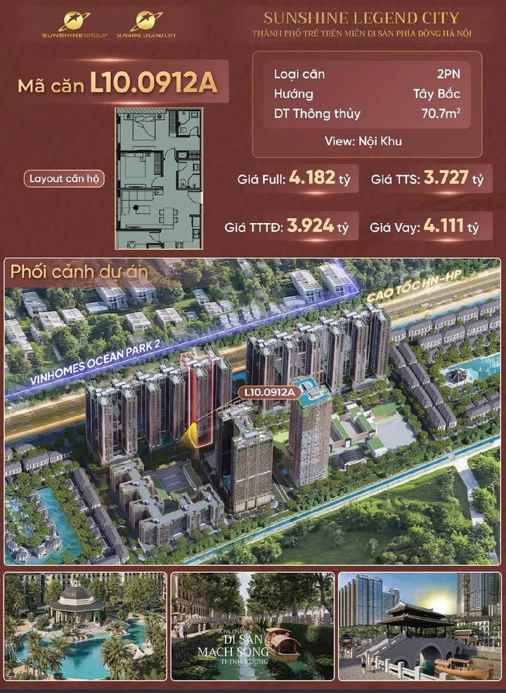 Căn hộ Sunshine Legend City Văn Giang 70.7m² giá 4.182 tỷ - Cơ hội vàng tại Hà Nội!