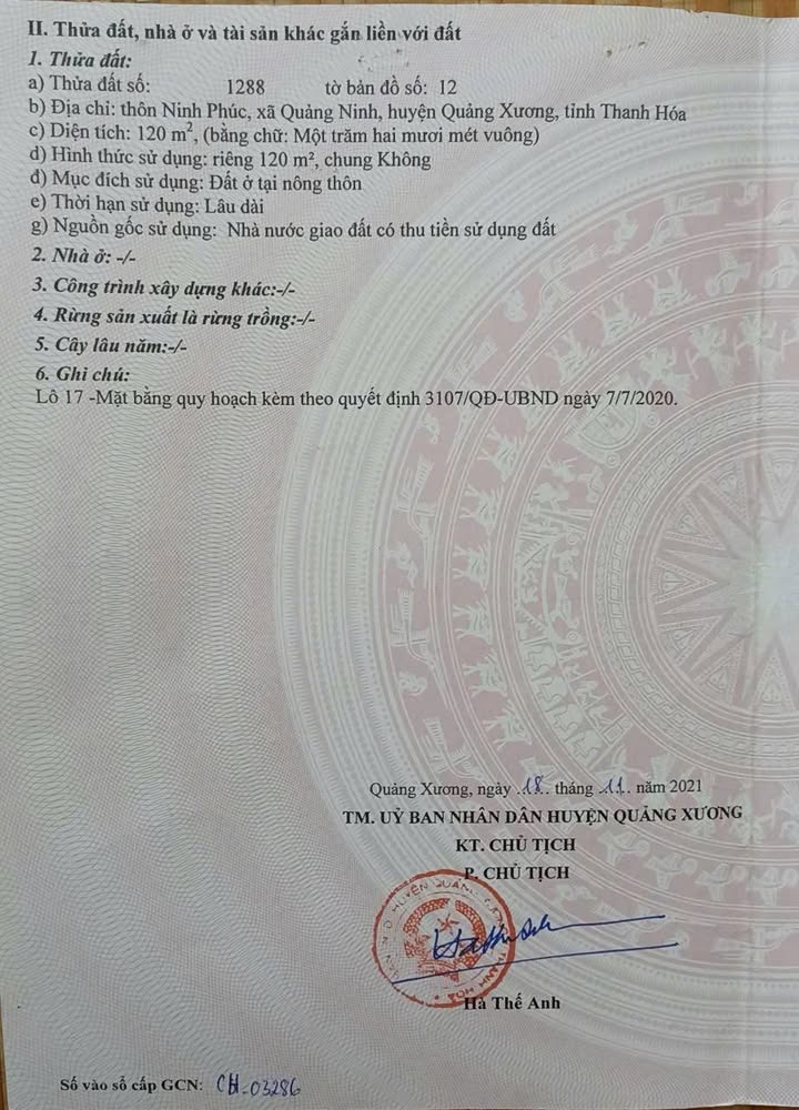 Đất nền Thôn Ninh Phúc, Quảng Ninh, Thanh Hóa 120m² - Sổ đỏ chính chủ, giá chỉ 600 triệu!
