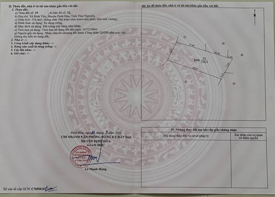 Đất nền chính chủ tại xã Bình Yên, Định Hoá 258m² giá 2 tỷ - Tiện ích đầy đủ ngay gần!