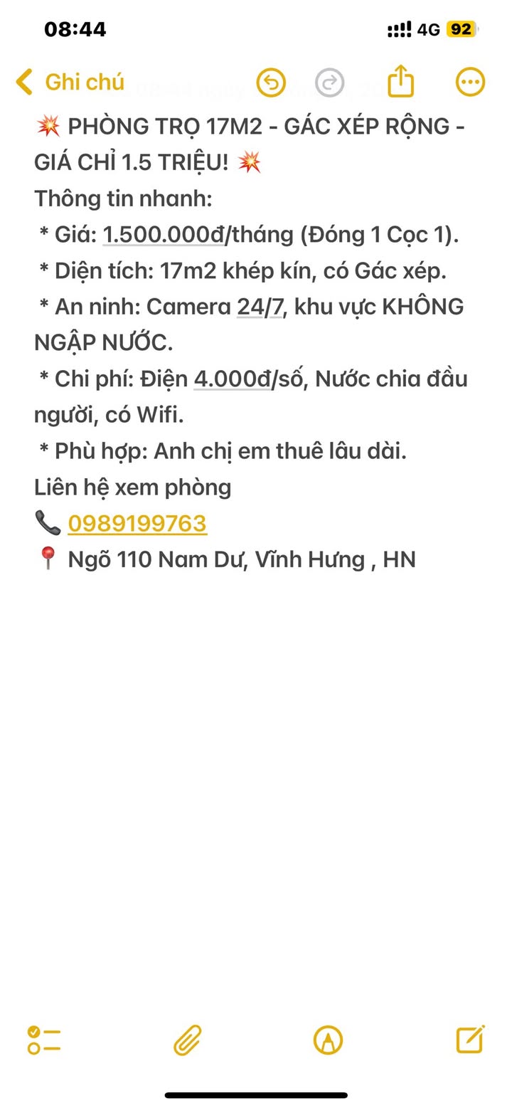 Phòng trọ 17m² gác xép tại Vĩnh Hưng chỉ 1.5 triệu - An ninh 24/7!