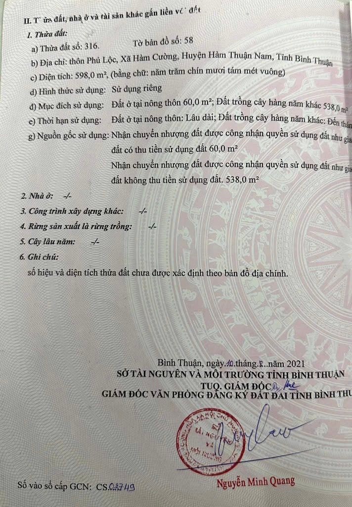 Đất thổ cư Hàm Cường, Bình Thuận 598m² giá 1.6 tỷ - Thương lượng ngay!