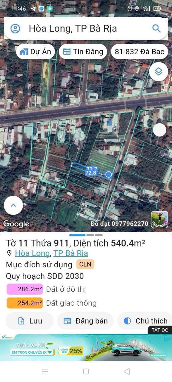 Đất nền mặt tiền đường 46 Hòa Long 576m² giá 3 tỷ - Phù hợp nghỉ dưỡng