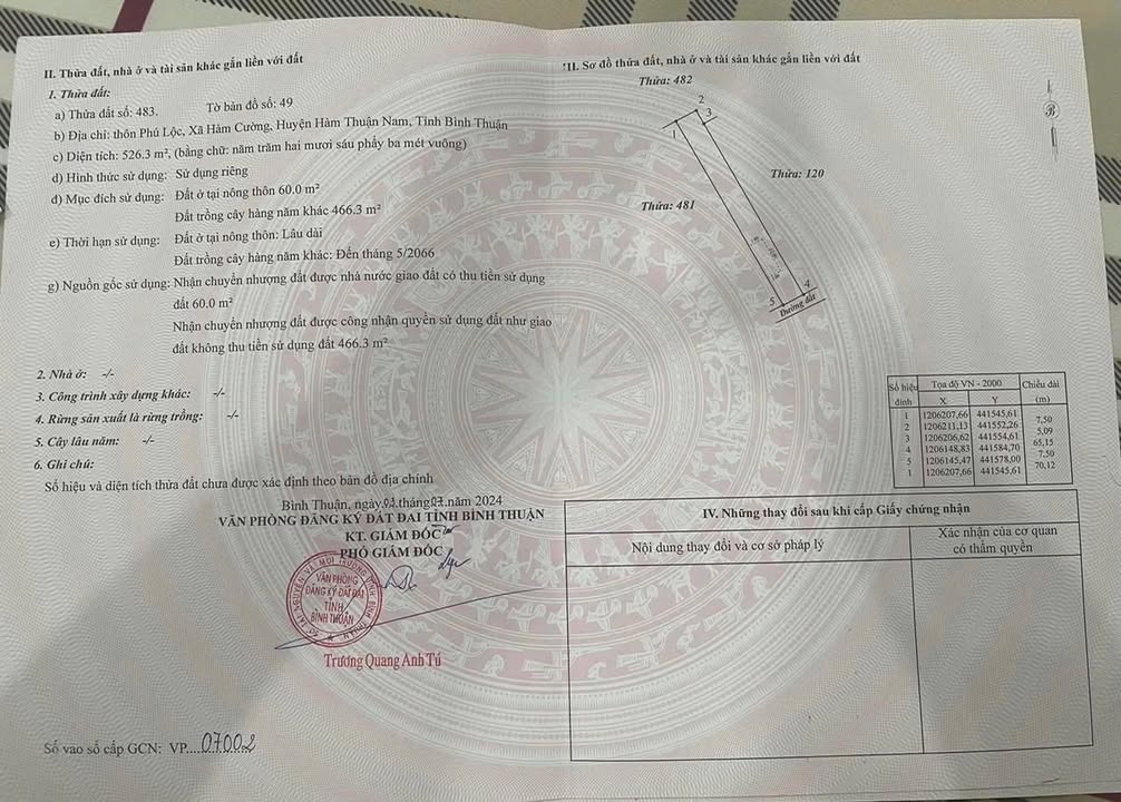 Đất thổ cư xã Hàm Cường, huyện Hàm Thuận Nam, 526m² giá 880 triệu - Cơ hội đầu tư tuyệt vời!