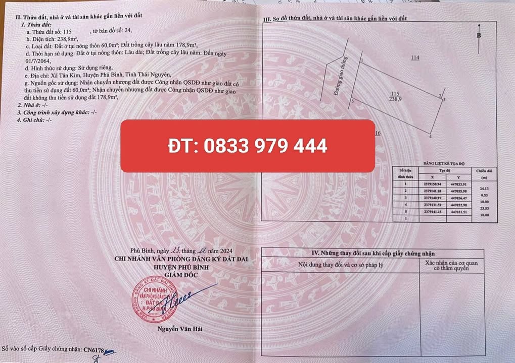 Đất thổ cư Tân Thành, Phú Bình 240m² giá thỏa thuận - Đầu tư sinh lời ngay!