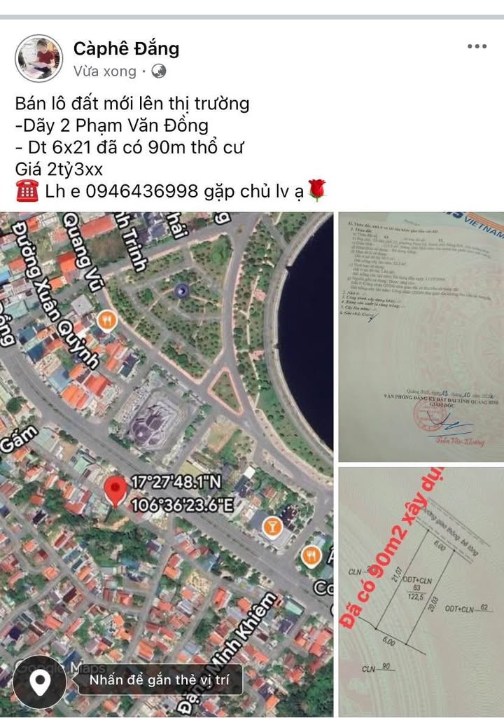 Đất thổ cư đẹp tại Phạm Văn Đồng, Đồng Hới 126m² chỉ 2.3 tỷ - Cơ hội đầu tư hấp dẫn!