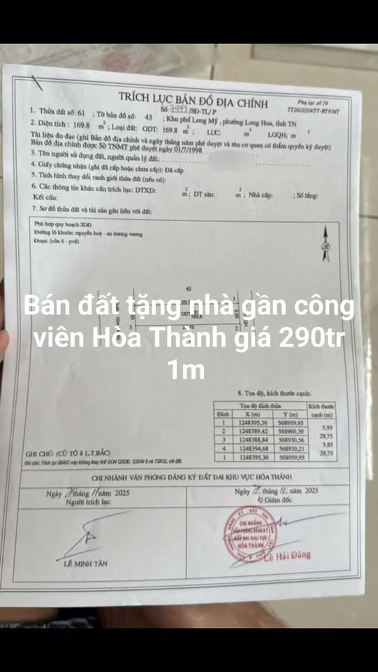 Đất nền Hòa Thành 175.5m² giá 290 triệu - Gần công viên, chính chủ!
