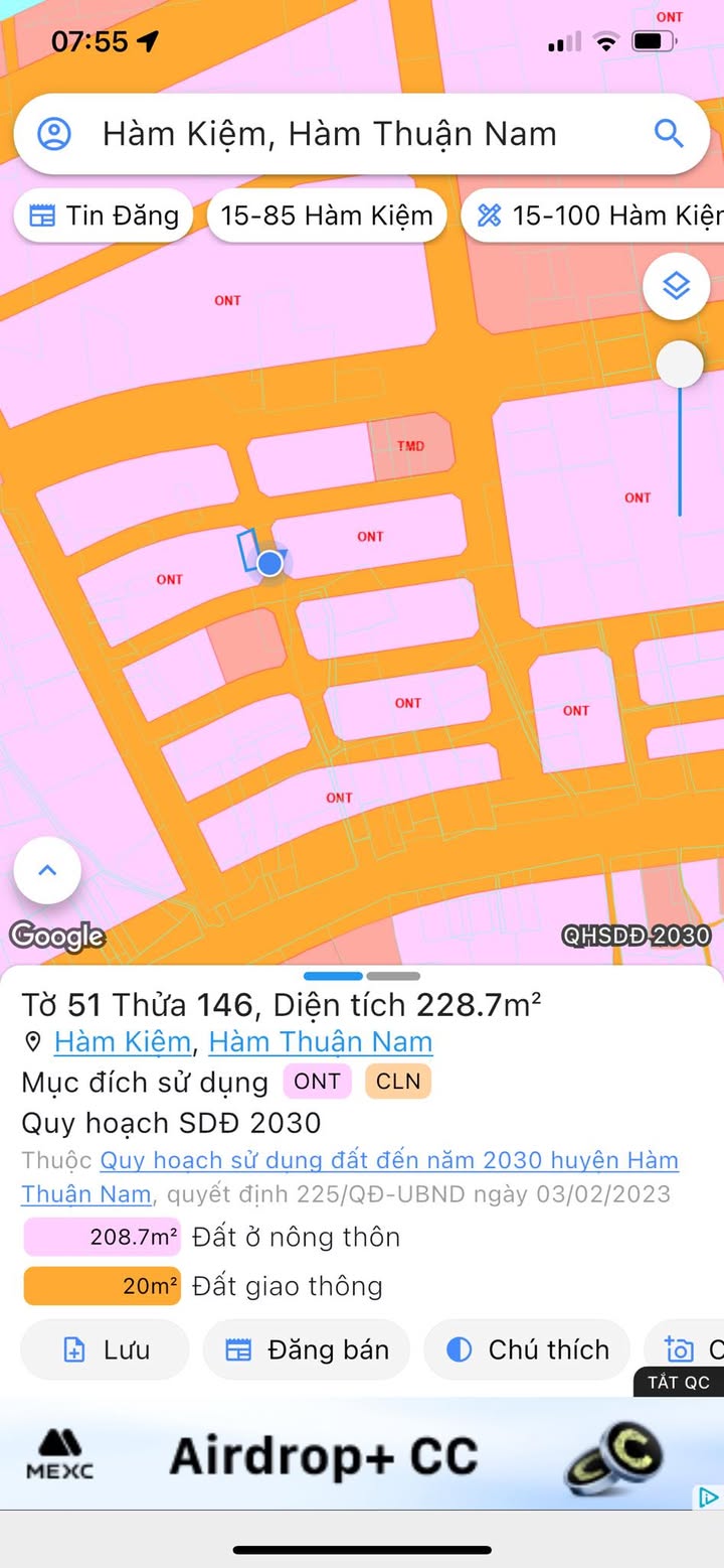 Đất thổ cư mặt tiền đường nhựa xã Hàm Kiệm 228m² giá 1.2 tỷ - Đầu tư sinh lời ngay!