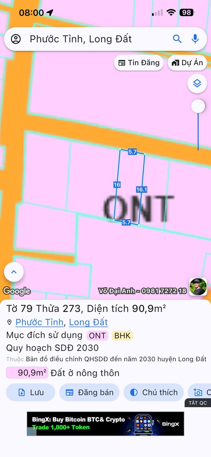 Đất 2 mặt tiền Phước Tỉnh, Long Điền - Diện tích 96.43m² giá chỉ 1.6 tỷ - Cơ hội đầu tư tuyệt vời!