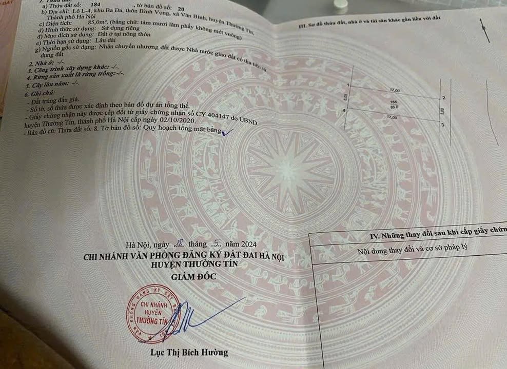 Đất đấu giá Văn Bình Thường Tín 85m² giá 97 triệu - Hướng Đông, giao thông thuận tiện