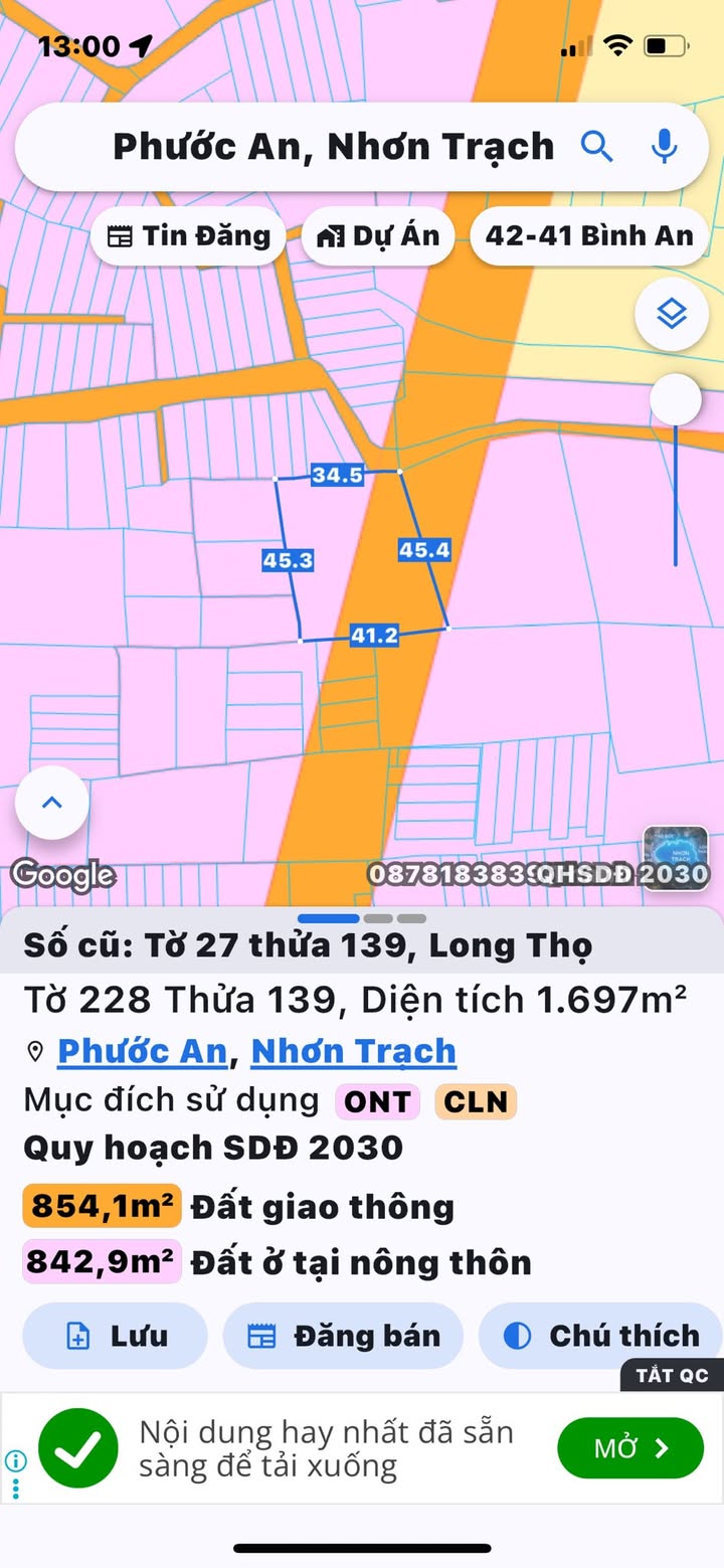 Đất nền Long Thọ Nhơn Trạch 1967m² giá 8 tỷ - Cơ hội đầu tư hấp dẫn!