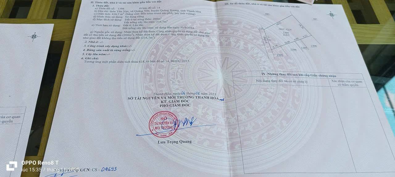 Đất đầu tư Quảng Yên Thanh Hóa 416m² giá 3.8 tỷ - Tiềm năng sinh lời lớn!