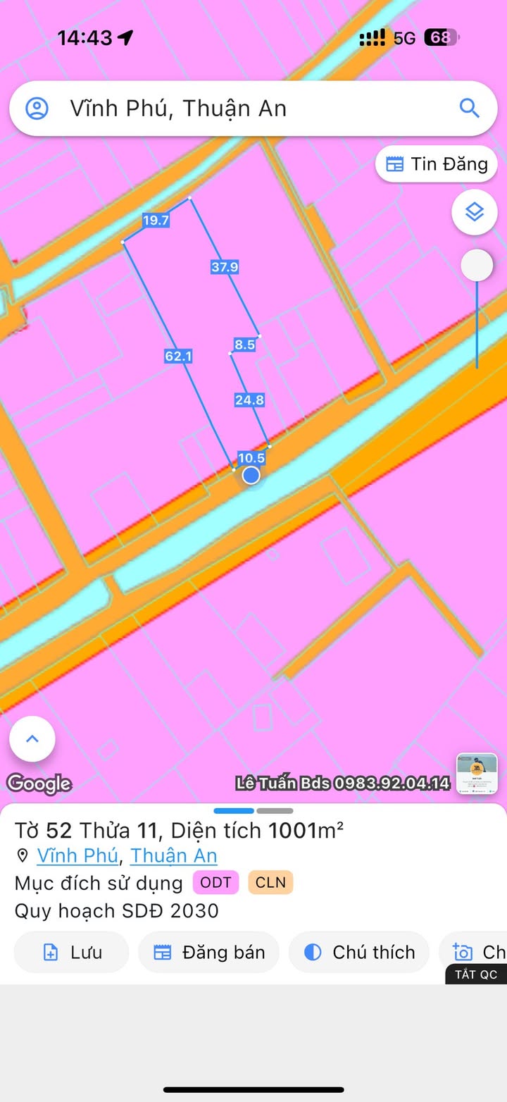 Đất mặt tiền Vĩnh Phú 38A 1001m² giá 20 tỷ - Chính chủ bán gấp!