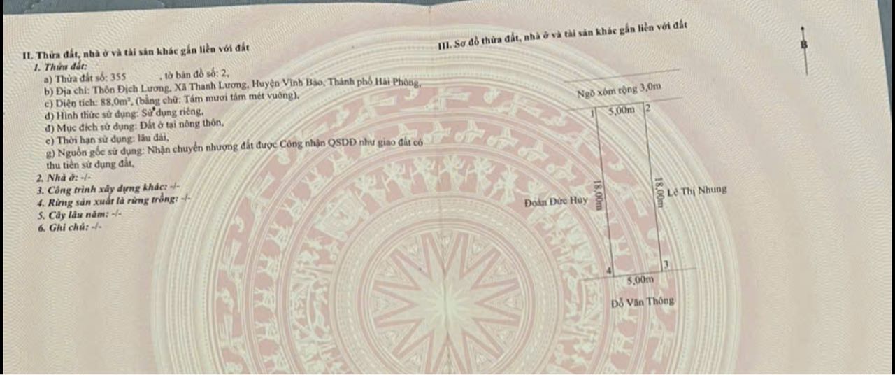 Đất thổ cư Thanh Lương, Vĩnh Bảo 88m² chỉ 800 triệu - Đầu tư sinh lời ngay!