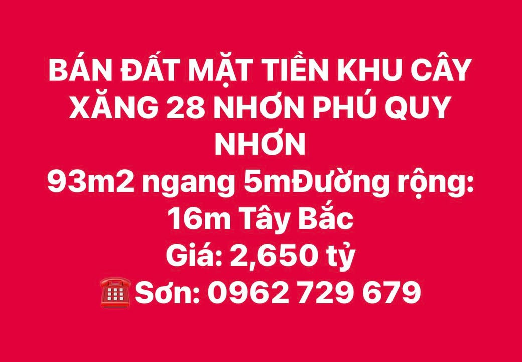 Đất mặt tiền Khu Cây Xăng 28 Nhơn Phú 93m² giá 2.65 tỷ - Đầu tư lý tưởng!