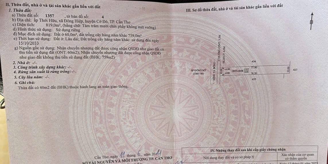 Đất nền xã Đông Hiệp, Cần Thơ 819m² giá 1.15 tỷ - Đường nhựa 4m, đầu tư sinh lời!