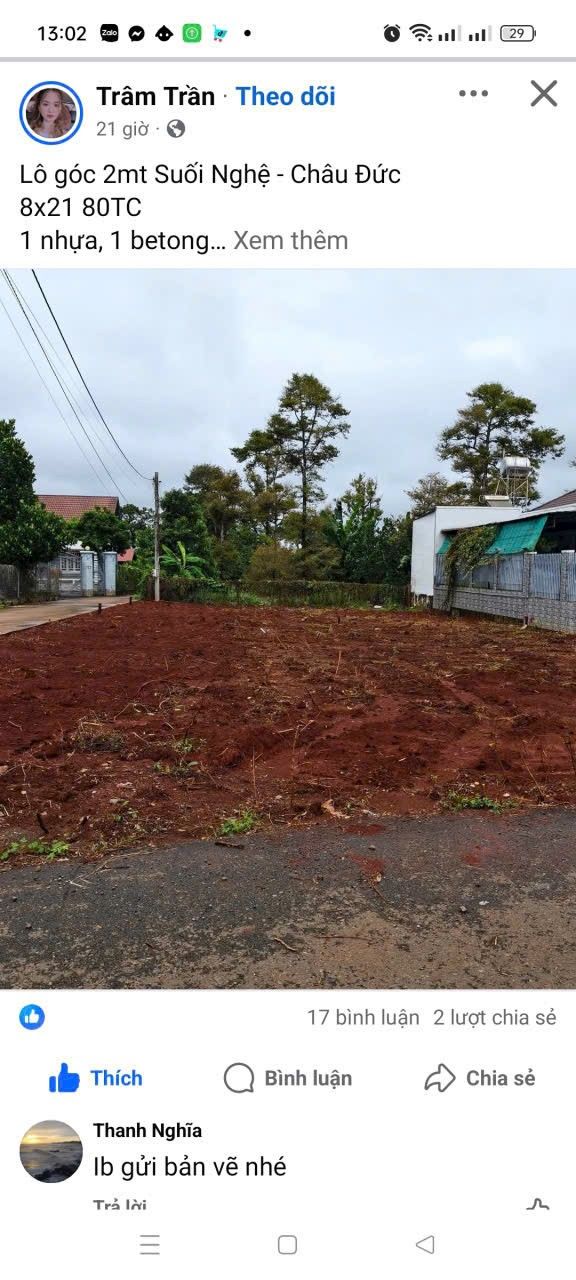 Đất nền lô góc 2 mặt tiền Suối Nghệ - Châu Đức 168m² giá 1.25 tỷ - Khu dân cư đông đúc!