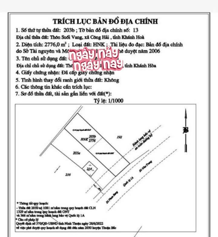 Đất nền 2.776m² Quốc lộ 1A Cam Ranh giá 6.247 tỷ - Tiềm năng đầu tư lớn!