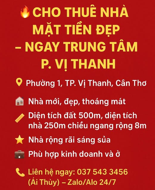 Nhà mặt tiền cho thuê tại phường 1, TP. Vị Thanh 500m² - Phù hợp kinh doanh đa dạng!