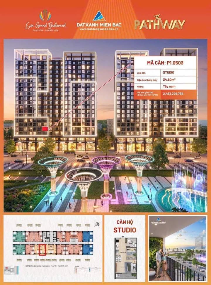 Căn hộ Studio The Pathway Sầm Sơn 34m² - Không gian riêng tư lãng mạn bên biển!