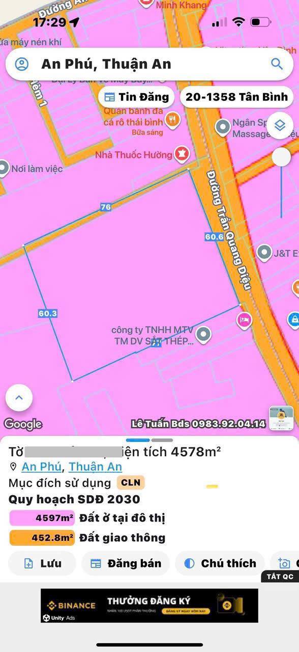 Đất nền Dĩ An 4800m² giá 65 tỷ - Đất thổ cư 100% làm chung cư