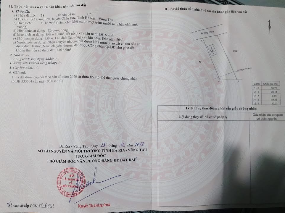 Đất nền Láng Lớn, Châu Đức 1.116,9m² giá 3 tỷ - Mặt tiền đường nhựa 20m!