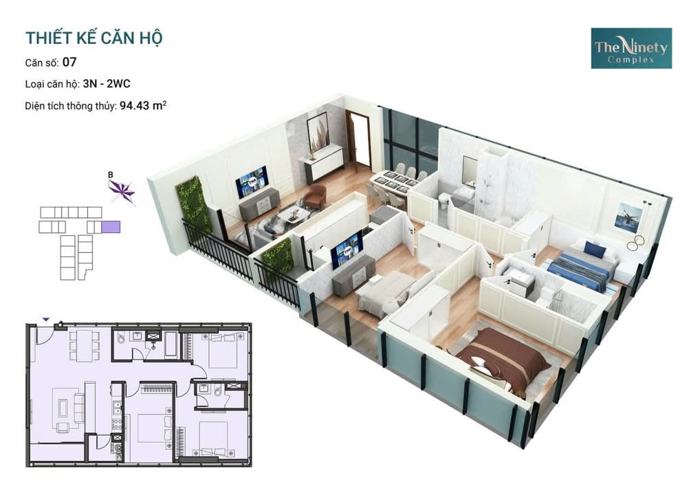 Căn hộ 3PN The Ninety Complex Đống Đa 95m² giá 30 triệu - Miễn phí 2 năm phí dịch vụ!