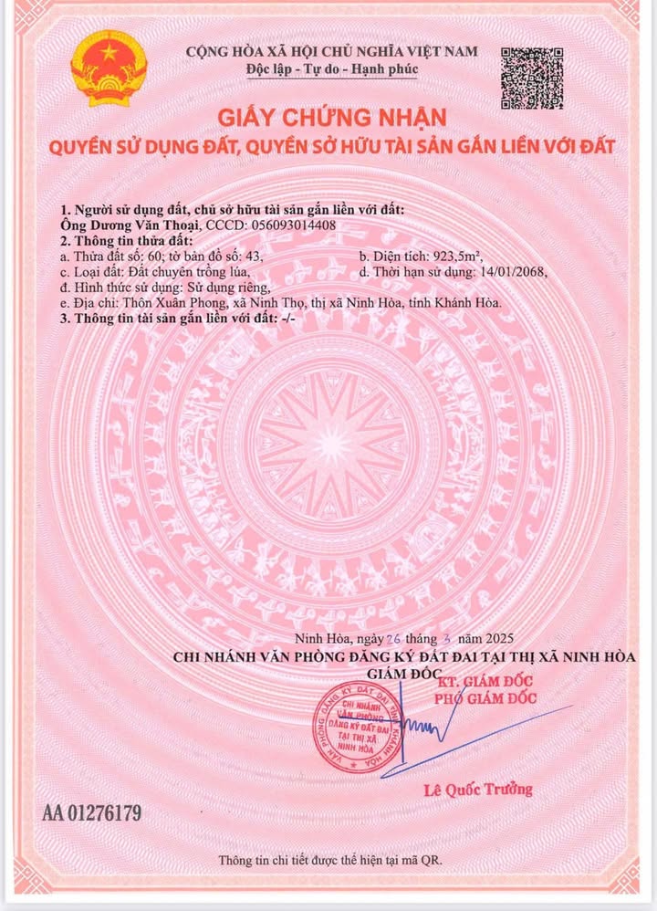 Đất thổ cư Thôn Xuân Phong, Ninh Thọ, 923m² giá 4.23 tỷ - Cơ hội đầu tư hiếm có!