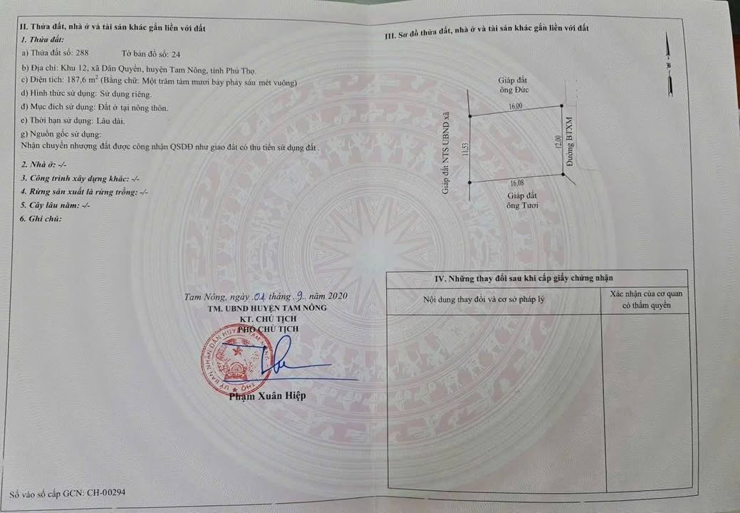 Đất thổ cư 187.6m² khu phố 12, xã Tam Nông - Giá chỉ 800 triệu VND!