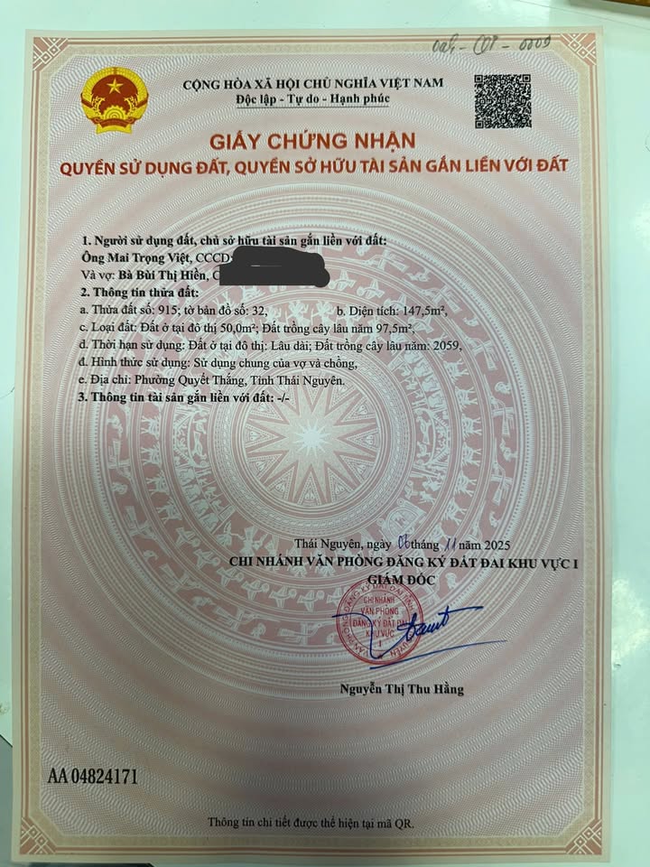 Đất thổ cư 147m² tại Phường Thịnh Đán - Giá chỉ 1.1 tỷ - Đầu tư sinh lời ngay!