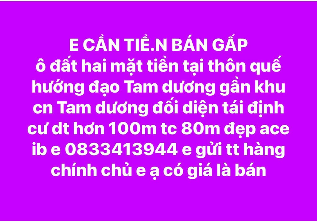 Đất nền hai mặt tiền tại thôn Quế, Tam Dương - Diện tích 100m², giá thỏa thuận!