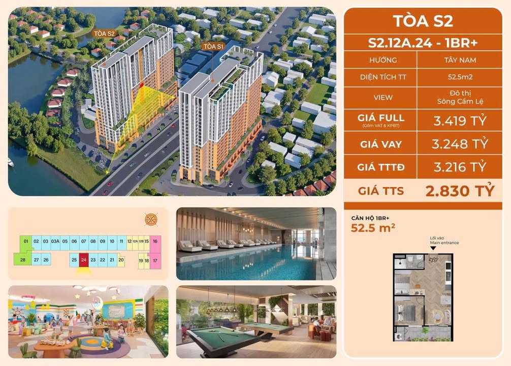 Căn hộ Spana Tower Đà Nẵng 52.5m² giá 2.83 tỷ - View sông thơ mộng!