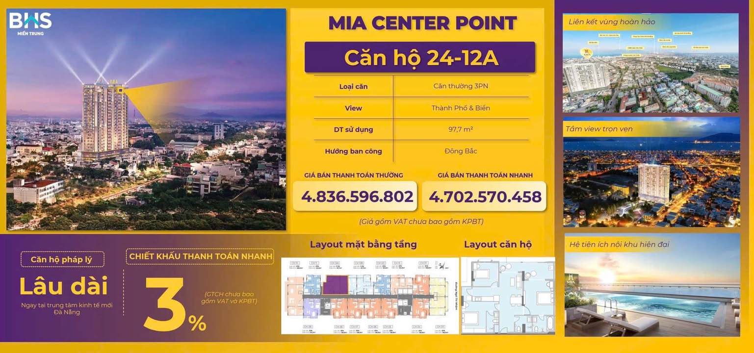 Căn hộ Mia Center Point Đà Nẵng 97m² giá 4.6 tỷ - Không gian sống lý tưởng!