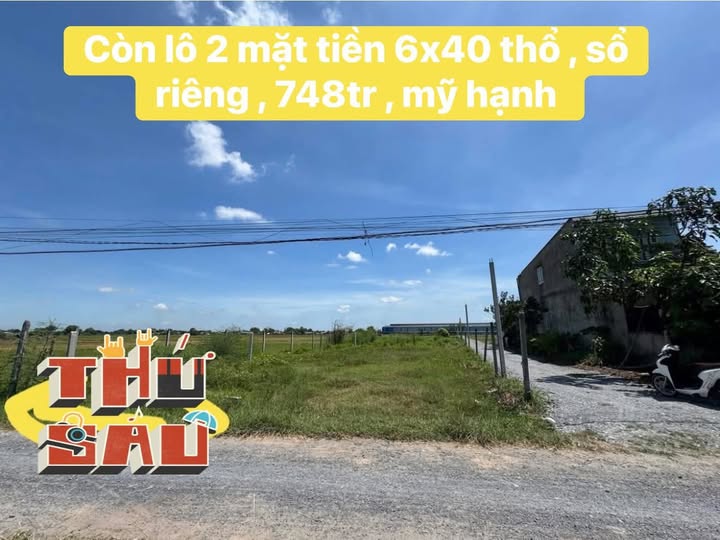 Đất nền 2 mặt tiền Mỹ Hạnh, Đức Hòa 240m² giá 748 triệu - Sổ đỏ chính chủ!