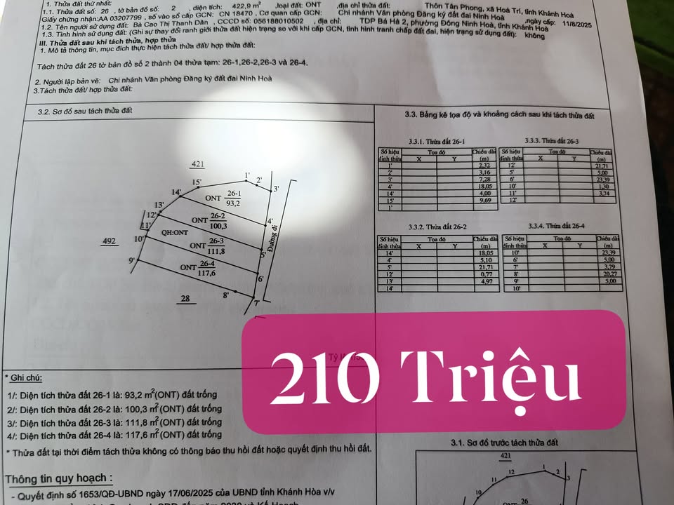 Đất thổ cư Ninh Thân 422m² giá chỉ 850 triệu - Sổ đỏ từng lô!
